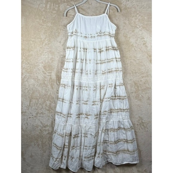 aerie Dresses & Skirts - Aerie Women M White Tan Tie Dye Tiered Cotton Maxi Dress Braided Strap Open Back